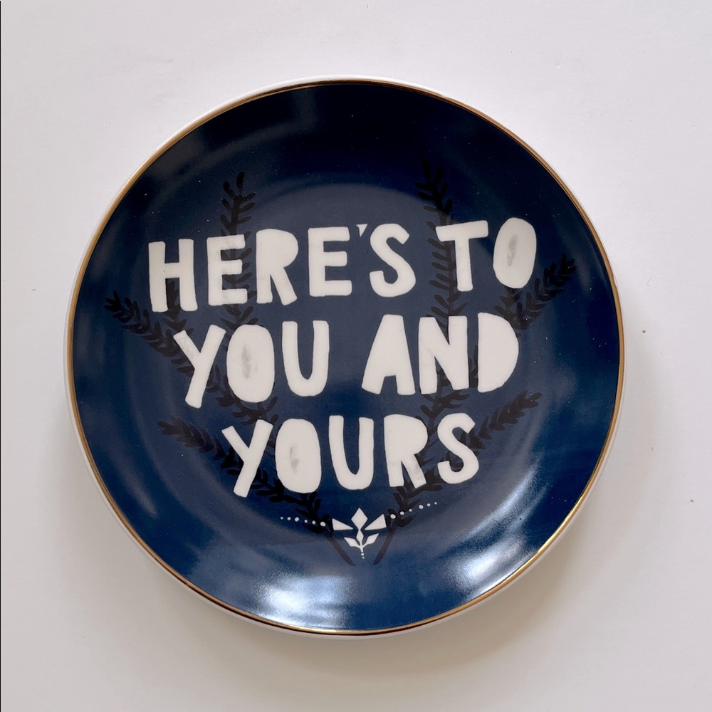 NWT WEST ELM DECORATIVE HERE IS TO YOU AND YOURS BLUE AND WHITE COLLECTORS PLATE